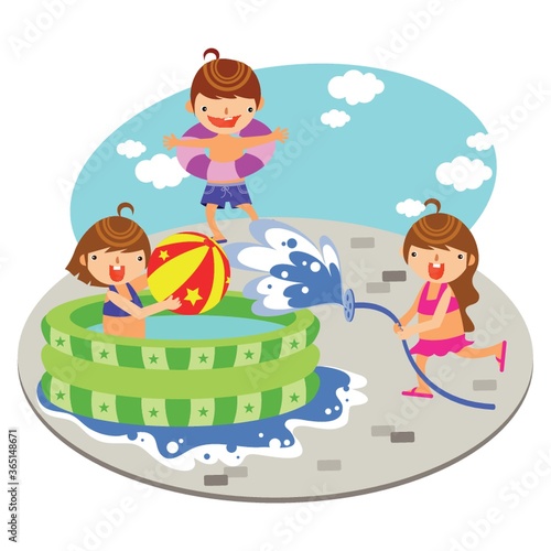 children playing in the inflatable swimming pool