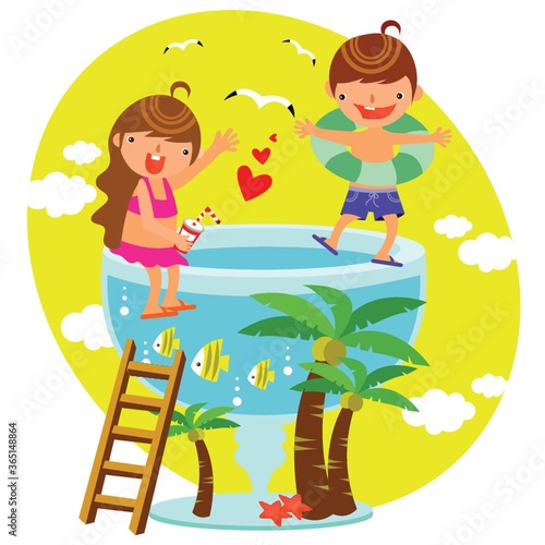 children playing by the swimming pool