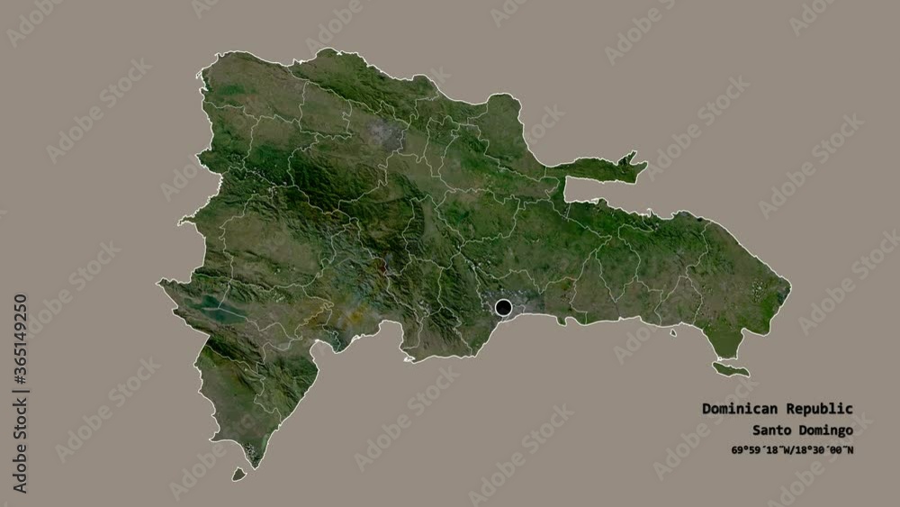 Hato Mayor, province of Dominican Republic, with its capital, localized, outlined and zoomed with informative overlays on a satellite map in the Stereographic projection. Animation 3D Hato Mayor, province of Dominican Republic, with its capital, localized, outlined and zoomed with informative overlays on a satellite map in the Stereographic projection. Animation 3D