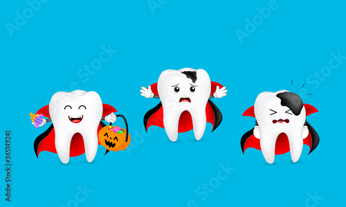 Cute cartoon dracula tooth character show stages of caries development. Dental care, illustration isolated on blue background. Halloween concept.