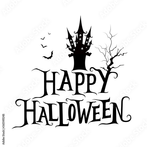 Lettering design of Halloween with castle. Vector illustration isolated on white background. Holiday calligraphy for banner, poster, greeting card, party invitation.