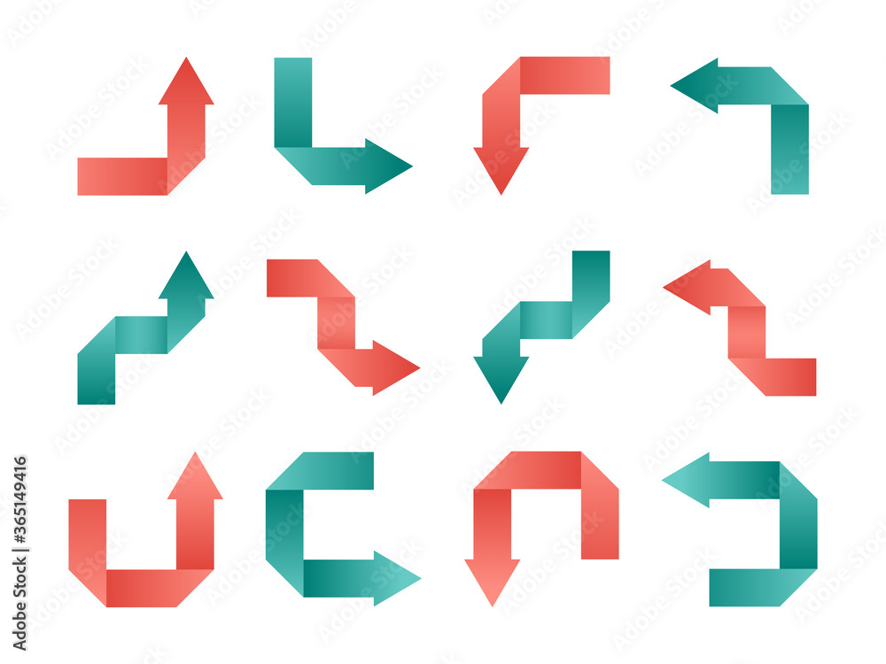Origami arrow pink and green on white background , Set of arrows collection, Vector illustration. Origami arrow pink and green on white background , Set of arrows collection, Vector illustration.