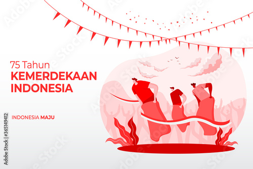 Indonesia independence day greeting card with traditional games concept illustration. 75 tahun kemerdekaan indonesia translates to 75 years Indonesia independence day