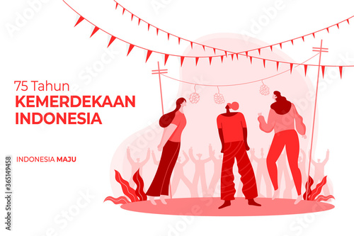 Indonesia independence day greeting card with traditional games concept illustration. 75 tahun kemerdekaan indonesia translates to 75 years Indonesia independence day