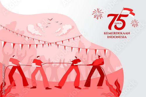Indonesia independence day greeting card with traditional games concept illustration. 75 tahun kemerdekaan indonesia translates to 75 years Indonesia independence day