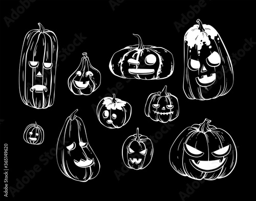 Ten spooky pumpkins carved with funny face expression, Jack O'lantern with evil smile