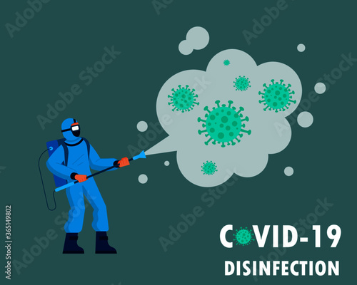 A man in protective suit spraying disinfectant to cleaning and disinfect virus, People fight covid-19 corona virus concept 