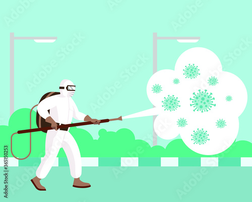 Vector illustration of a man in protective suit spraying disinfectant to cleaning and disinfect virus, covid-19 corona virus, China