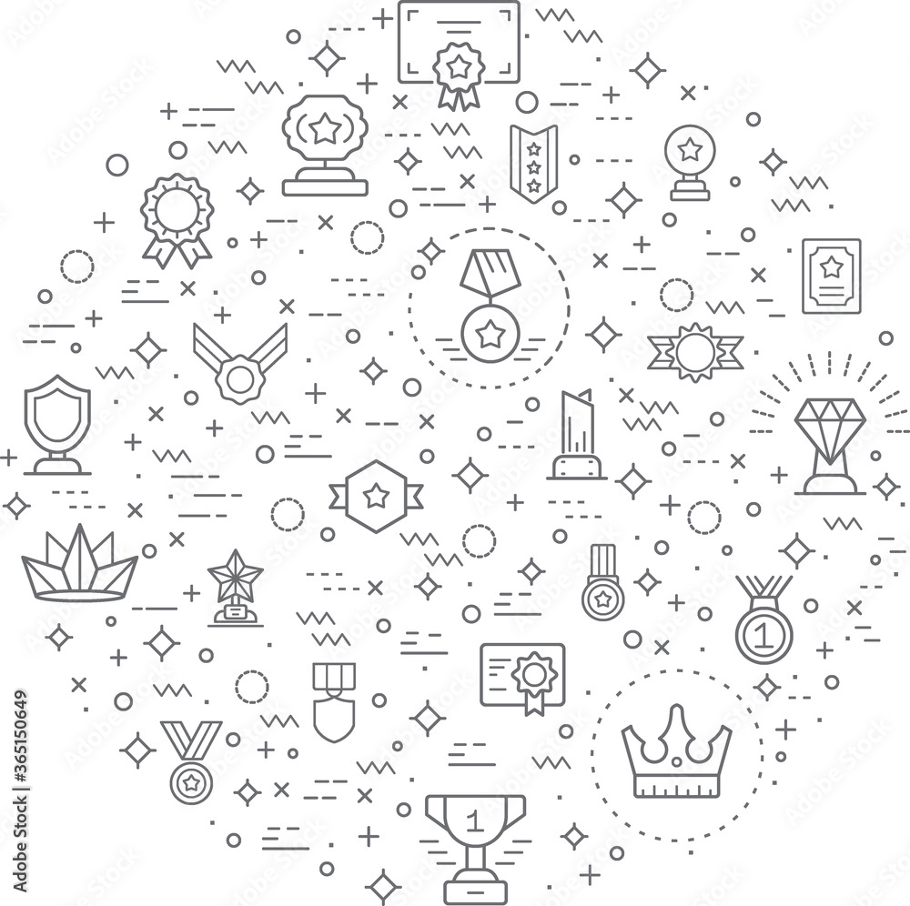 Simple Set of award and medal Related Vector Line Illustration. Contains such Icons as badge,  trophy, prizes, winner, cups, best, top and Other Elements. 