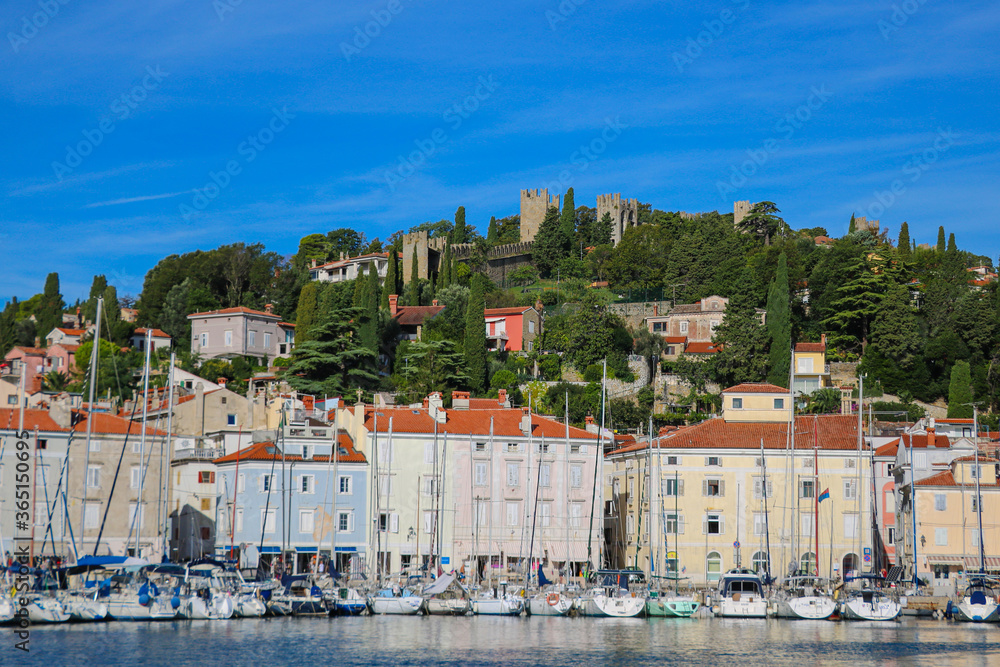 View of the city of Piran from the water. Slovenia.
