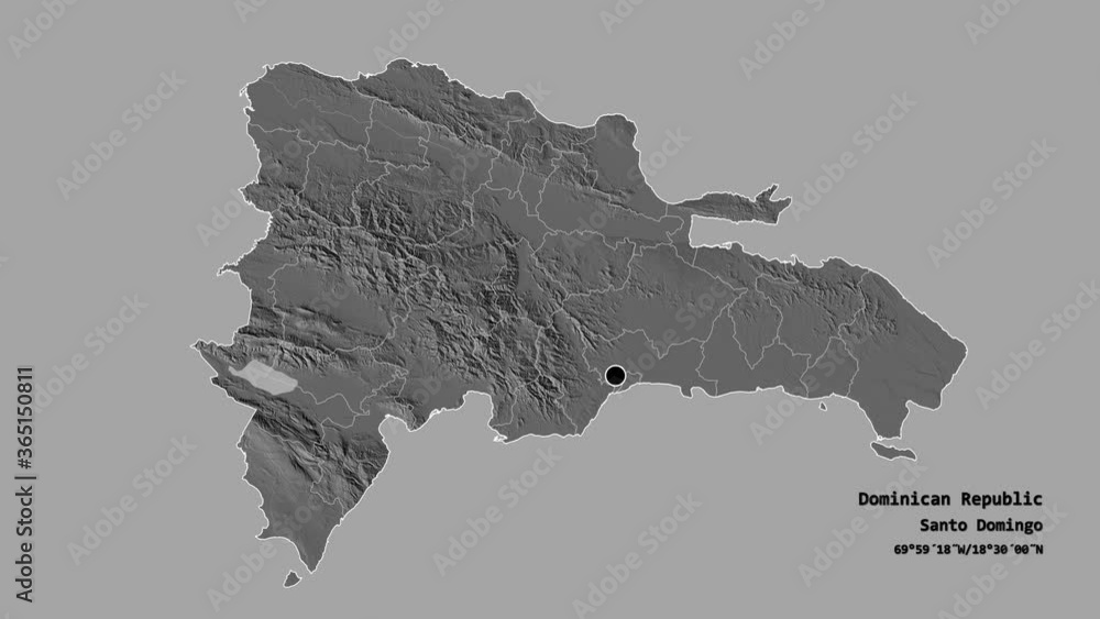 La Vega, province of Dominican Republic, with its capital, localized, outlined and zoomed with informative overlays on a bilevel map in the Stereographic projection. Animation 3D La Vega, province of Dominican Republic, with its capital, localized, outlined and zoomed with informative overlays on a bilevel map in the Stereographic projection. Animation 3D