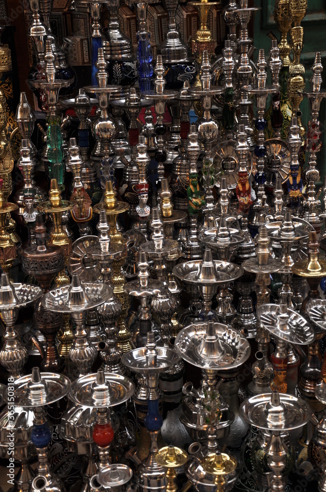 Close up of Middle Eastern Shishas or Hukkas- a traditional smoking instrument, selling in the street market.