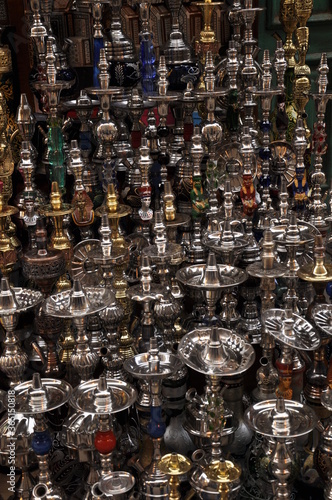 Close up of Middle Eastern Shishas or Hukkas- a traditional smoking instrument, selling in the street market.
