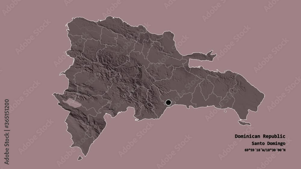 María Trinidad Sánchez, province of Dominican Republic, with its capital, localized, outlined and zoomed with informative overlays on a administrative map in the Stereographic projection. Animation 3D María Trinidad Sánchez, province of Dominican Republic, with its capital, localized, outlined and zoomed with informative overlays on a administrative map in the Stereographic projection. Animation 3D