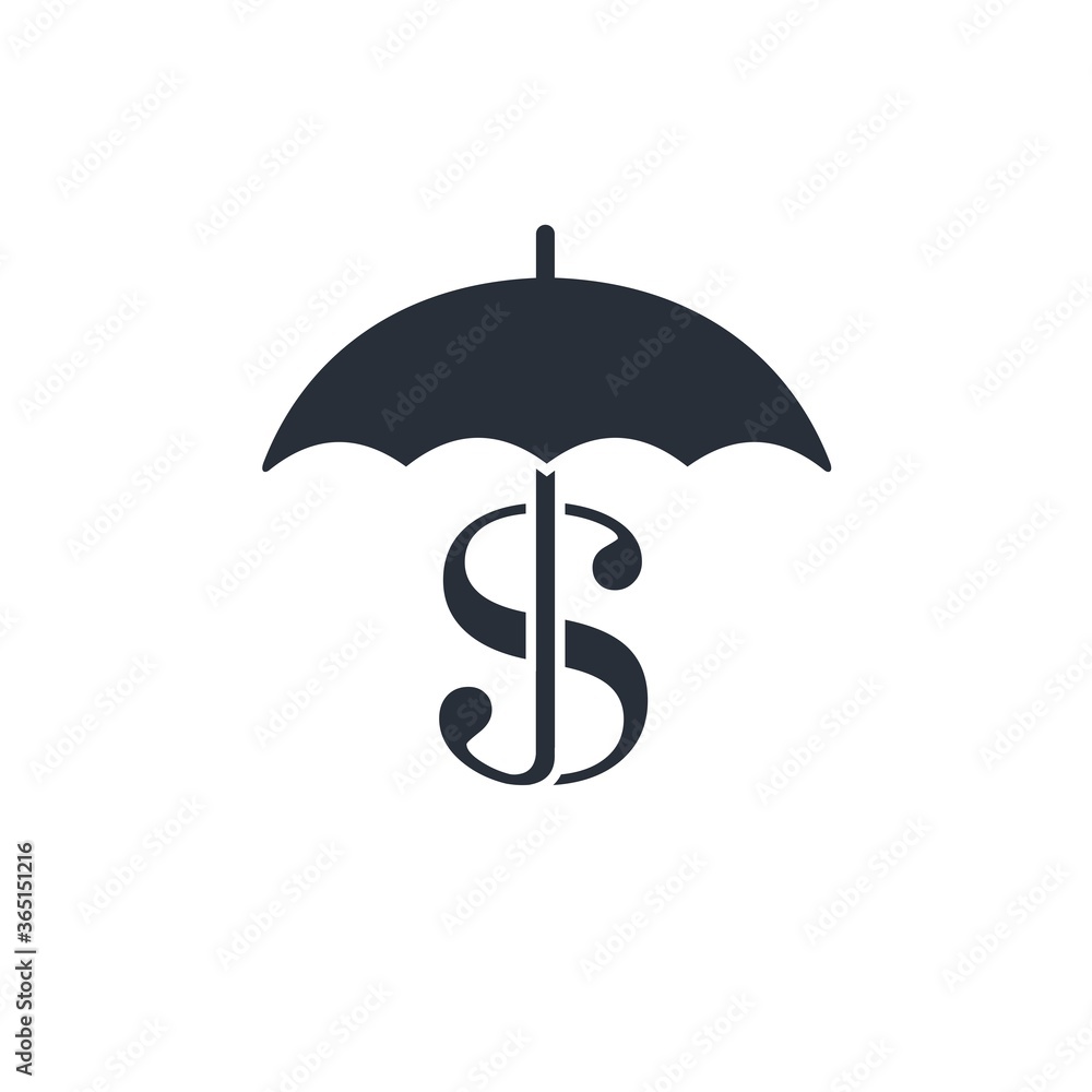 Dollar and umbrella. Protect finances. Vector icon isolated on white background.