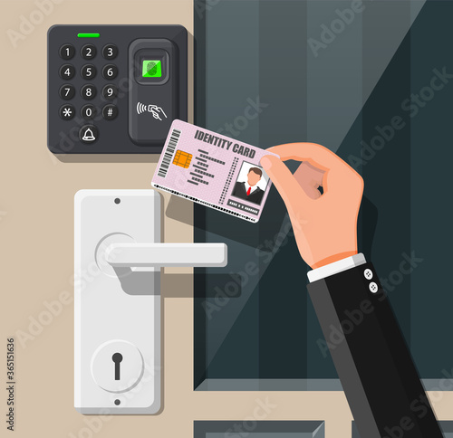 Password and fingerprint security device at office or home door. Hand with id card. Access control machine or time the attendance. Proximity card reader. Vector illustration in flat style