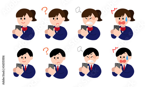 スマートフォンを操作するブレザー男子女子学生セット