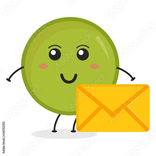 Cute flat cartoon green peas holding an envelope illustration. Vector illustration of cute peas with a smiling expression. 