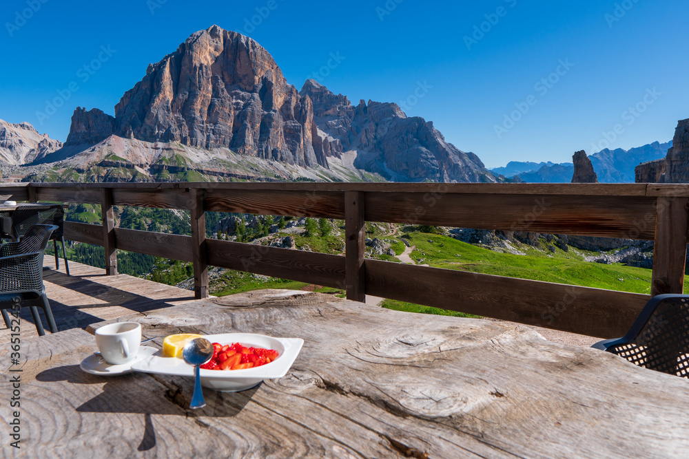 Fragrant coffee and strawberries for breakfast in the Alps , dolomite