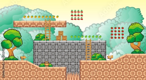 Tileset Platform for creating Game - A set of layered vector game asset, contains background, ground tiles and several items, objects, decorations, used for creating mobile games