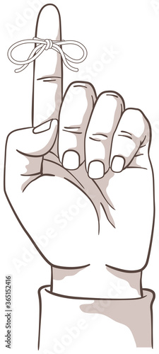 Reminder string on finger. Illustration isolated on white background of a hand with a small ribbon tied around his forefinger.