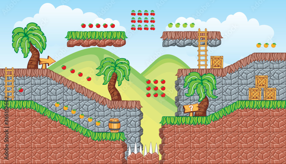 Tile Background Game Design Tileset Platform for creating Game - A set of layered vector game asset ...