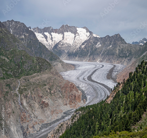 Panoramic view of the world famous Aletsch glacier and surrounding mountain valley in Switzerland