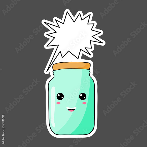 Kawaii sticker colorful cartoon jar with thought bubble. Vector illustration isolated on dark background.