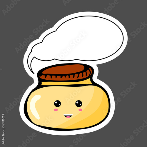 Kawaii sticker colorful cartoon jar with thought bubble. Vector illustration isolated on dark background.