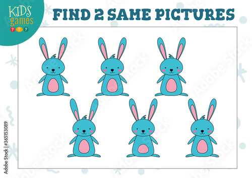 Find two same pictures kids game vector illustration.