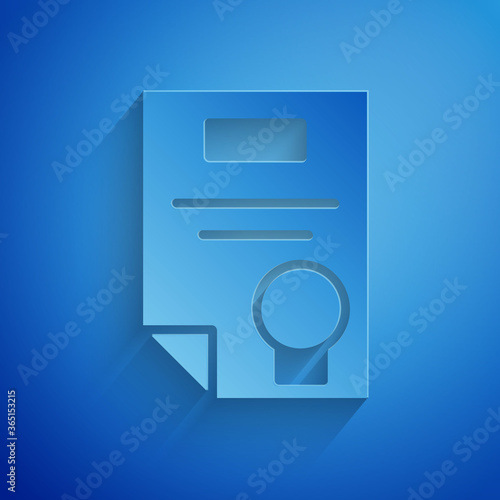 Paper cut Certificate template icon isolated on blue background. Achievement, award, degree, grant, diploma concepts. Paper art style. Vector Illustration.