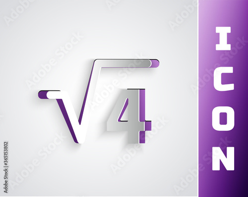 Paper cut Square root of 4 glyph icon isolated on grey background. Mathematical expression. Paper art style. Vector.