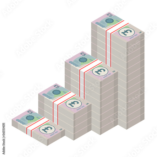 Isometric money banknotes stacks rising up graph. Big pile of 5 pound sterling bills. Cash flow stairs. Business concept profit growth. Vector illustration