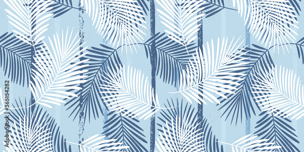 Tropical pattern, palm leaves seamless vector floral background. Exotic plant on blue stripes print illustration. Summer nature jungle print. Leaves of palm tree on paint lines. ink brush strokes