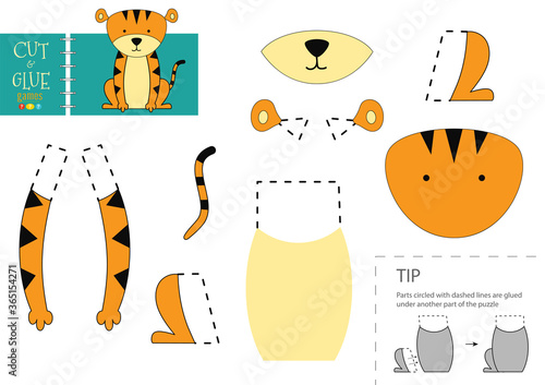 Cut and glue paper vector toy. Funny tiger character as a cardboard cutout model