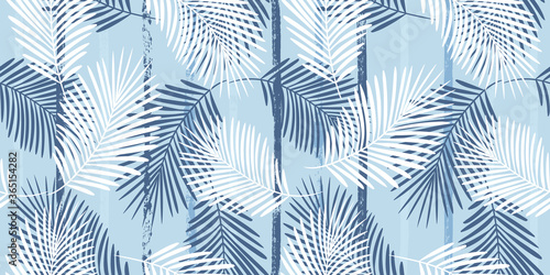 Tropical pattern, palm leaves seamless vector floral background. Exotic plant on blue stripes print illustration. Summer nature jungle print. Leaves of palm tree on paint lines. ink brush strokes