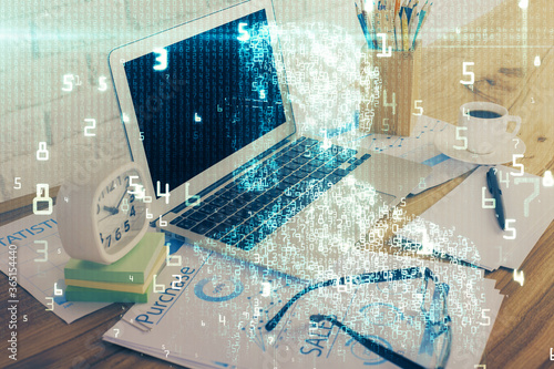 Multi exposure of desktop with computer on background and tech theme drawing. Concept of big data. © peshkova