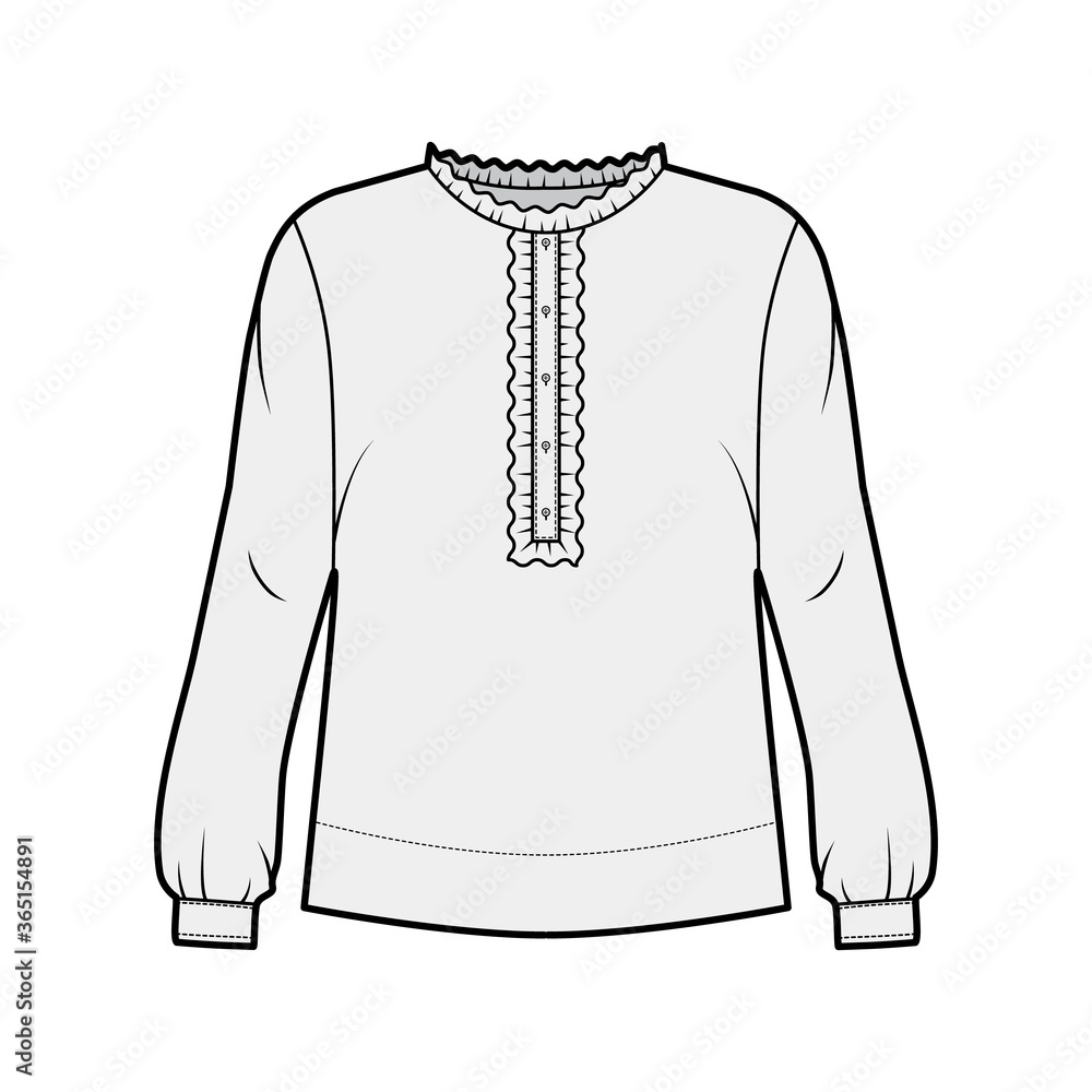 Shirt technical fashion illustration with oversized body, concealed button fastenings along front, ruffles, cropped sleeves. Flat apparel template front, back, white color. Women, men unisex mockup Shirt technical fashion illustration with oversized body, concealed button fastenings along front, ruffles, cropped sleeves. Flat apparel template front, back, white color. Women, men unisex mockup