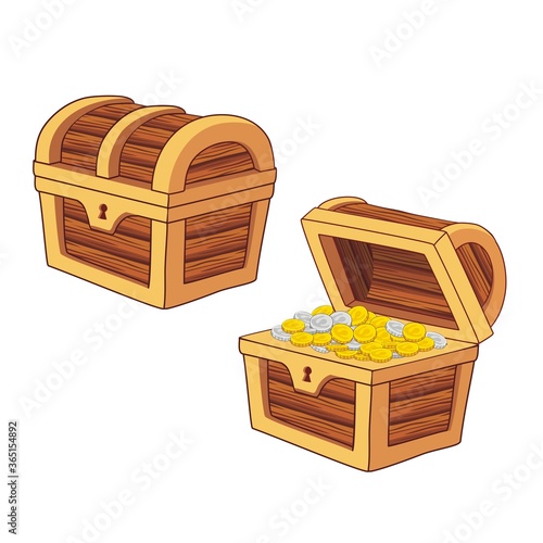 Wooden Chest set for game interface, closed and opened with coins