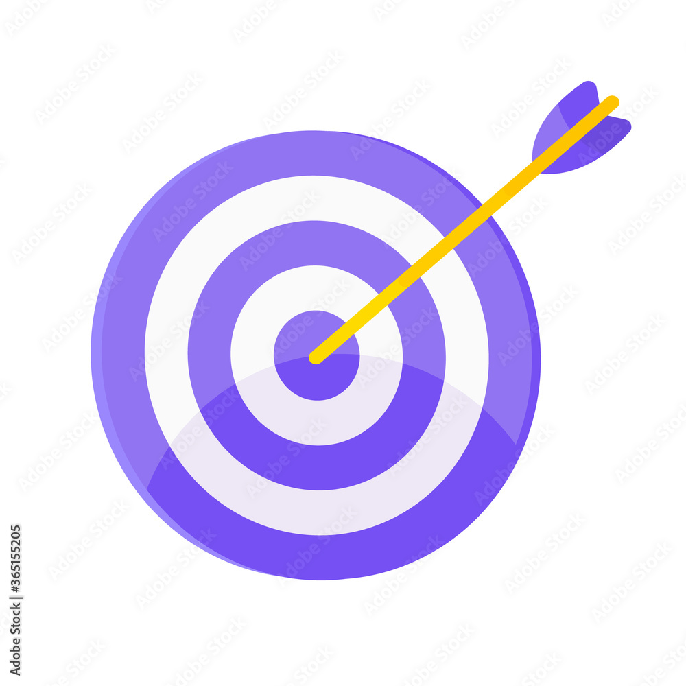 Target icon with arrow in the bullseye with shadows on it. Goal achieving symbol icon sign vector banner illustration isolated on white background flat style design.