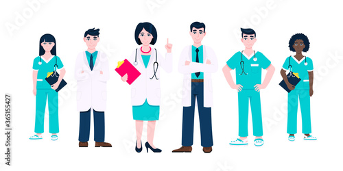 Medical staff doctors team clinic employee vector illustration isolated on white background. Hospital or medical clinic staff doctor  surgeon  nurse standing up with equipment.