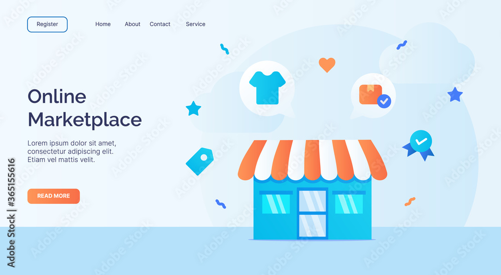 Online marketplace exterior facade store icon campaign for web website home homepage landing template banner with cartoon flat style.
