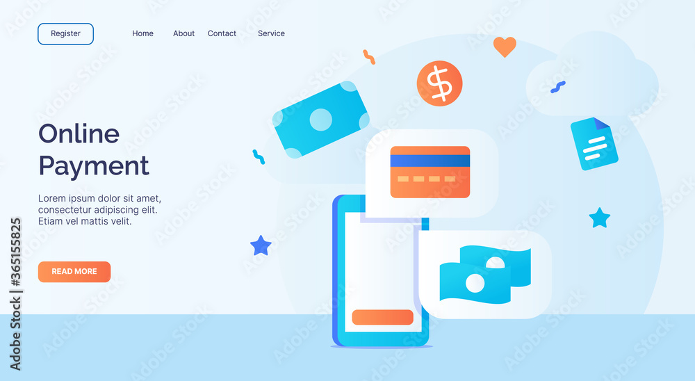 Online payment money card bank smartphone icon campaign for web website home homepage landing template banner with cartoon flat style.