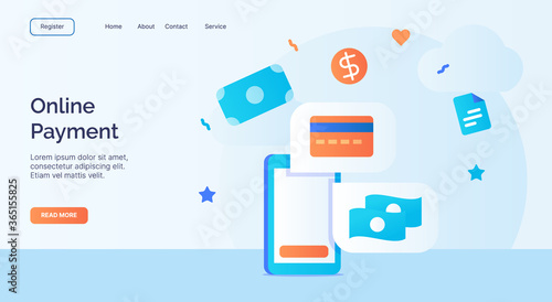 Online payment money card bank smartphone icon campaign for web website home homepage landing template banner with cartoon flat style.