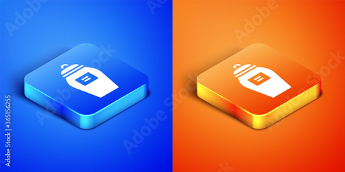 Isometric Funeral urn icon isolated on blue and orange background. Cremation and burial containers, columbarium vases, jars and pots with ashes. Square button. Vector.