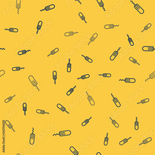 Blue line Menstruation and sanitary tampon icon isolated seamless pattern on yellow background. Feminine hygiene product. Vector Illustration.