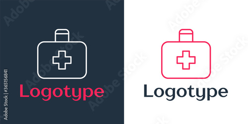 Logotype line First aid kit icon isolated on white background. Medical box with cross. Medical equipment for emergency. Healthcare concept. Logo design template element. Vector Illustration.