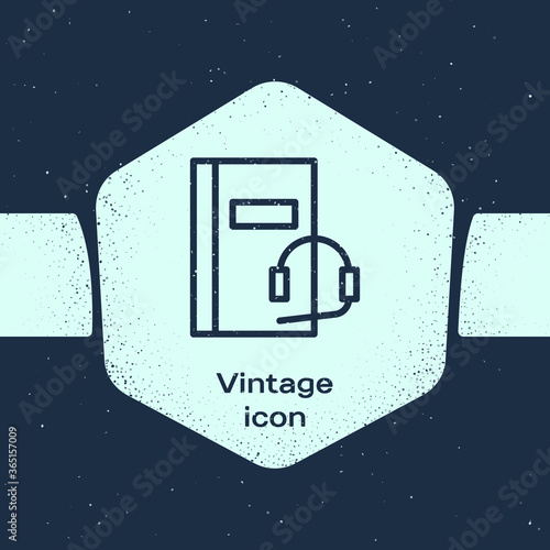 Grunge line Audio book icon isolated on blue background. Book with headphones. Audio guide sign. Online learning concept. Monochrome vintage drawing. Vector Illustration.