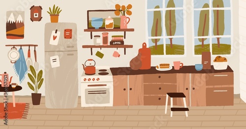 Cozy rustic hand drawn kitchen interior vector flat illustration. Colorful stove, wooden table, cooking utensils and decorative elements. Inside panorama of cuisine at residential house