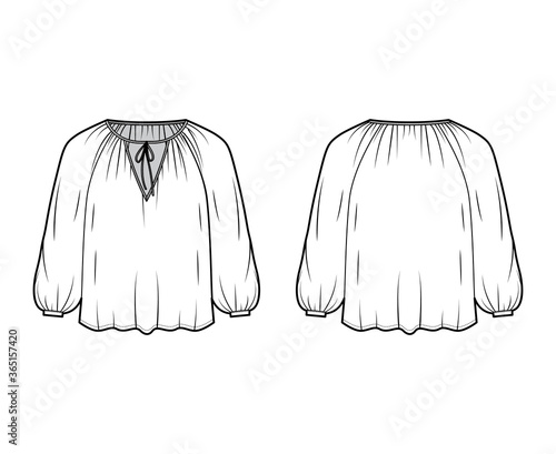 Tie softly gathered neckline blouse technical fashion illustration with loose shape, long sleeves, drapes fluidly. Flat shirt apparel template front, back, white color. Women, men unisex top CAD 